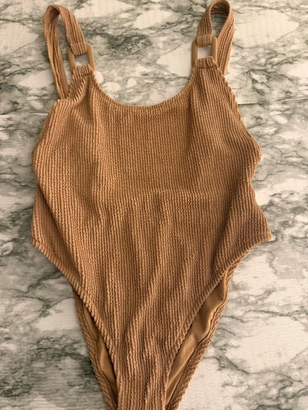 NWT Aerie Shimmery Crinkle Birthday Scoop Cheekiest One Piece w Buckle Tan large - Picture 2 of 6